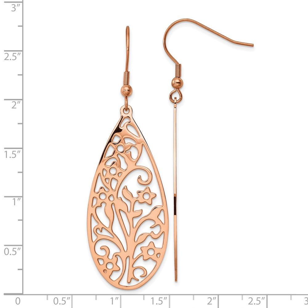 Chisel Stainless Steel Polished Rose IP-Plated Filigree Flower Dangle Shepherd Hook Earrings