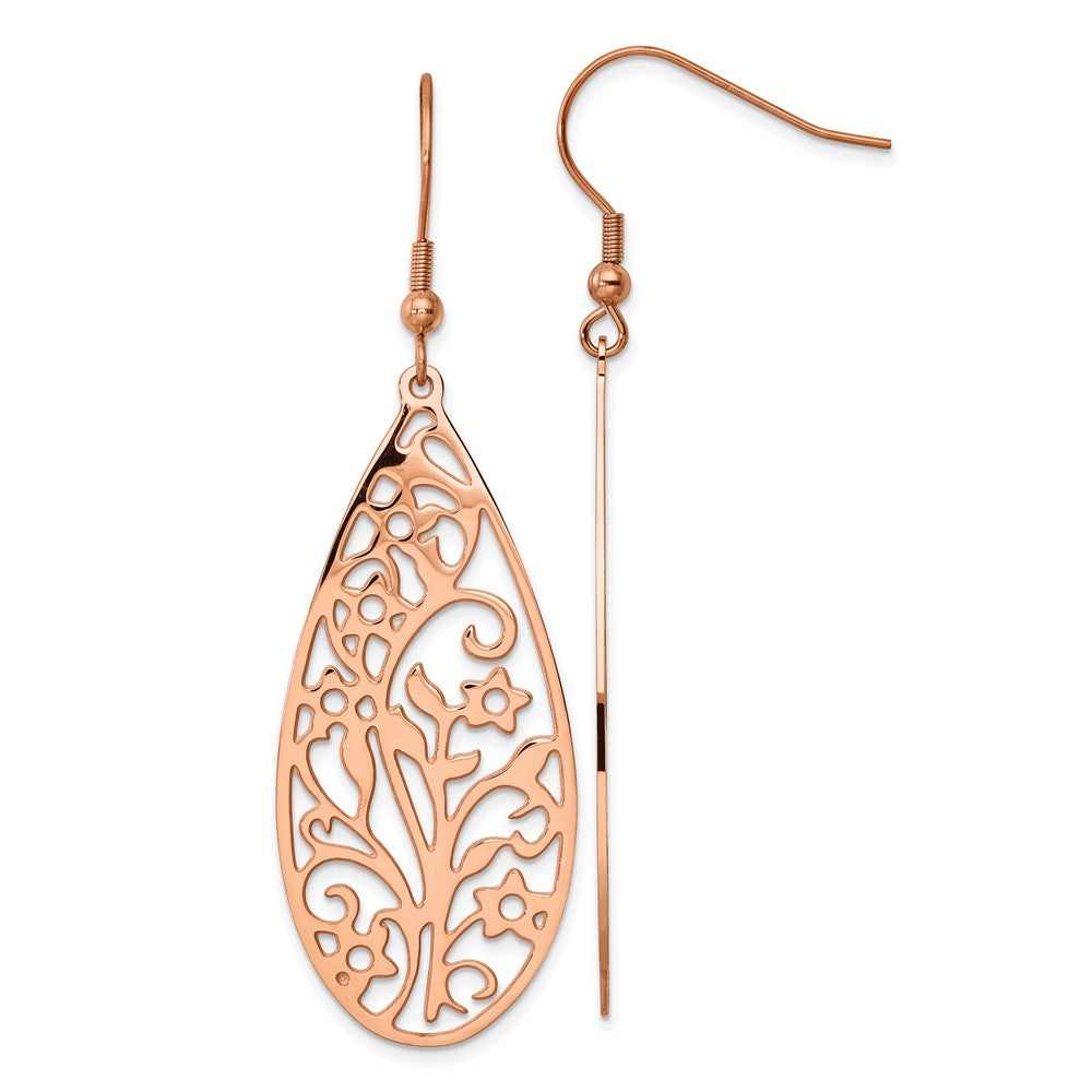 Chisel Stainless Steel Polished Rose IP-Plated Filigree Flower Dangle Shepherd Hook Earrings