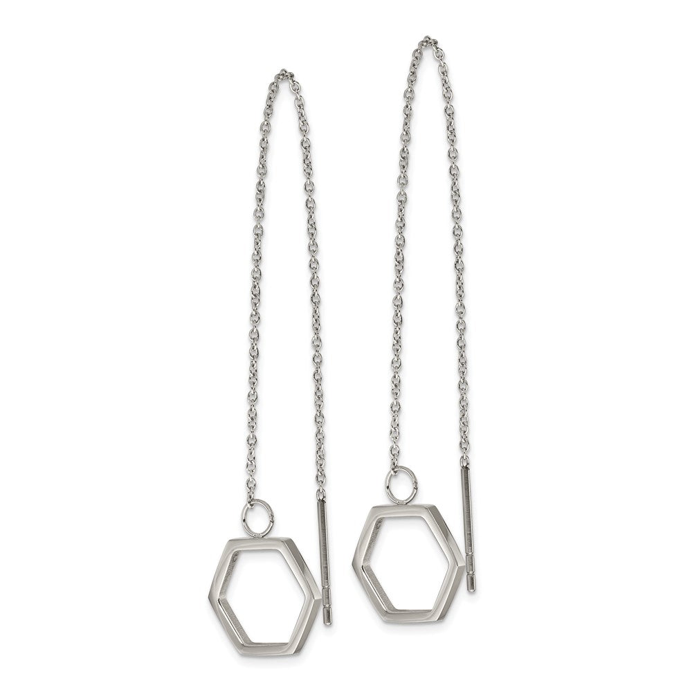 Polished Hexagon Dangle Threader Earrings in Stainless Steel