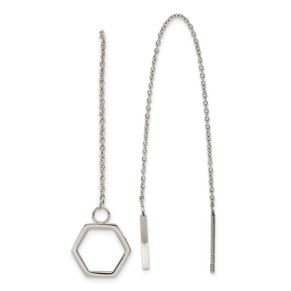 Polished Hexagon Dangle Threader Earrings in Stainless Steel