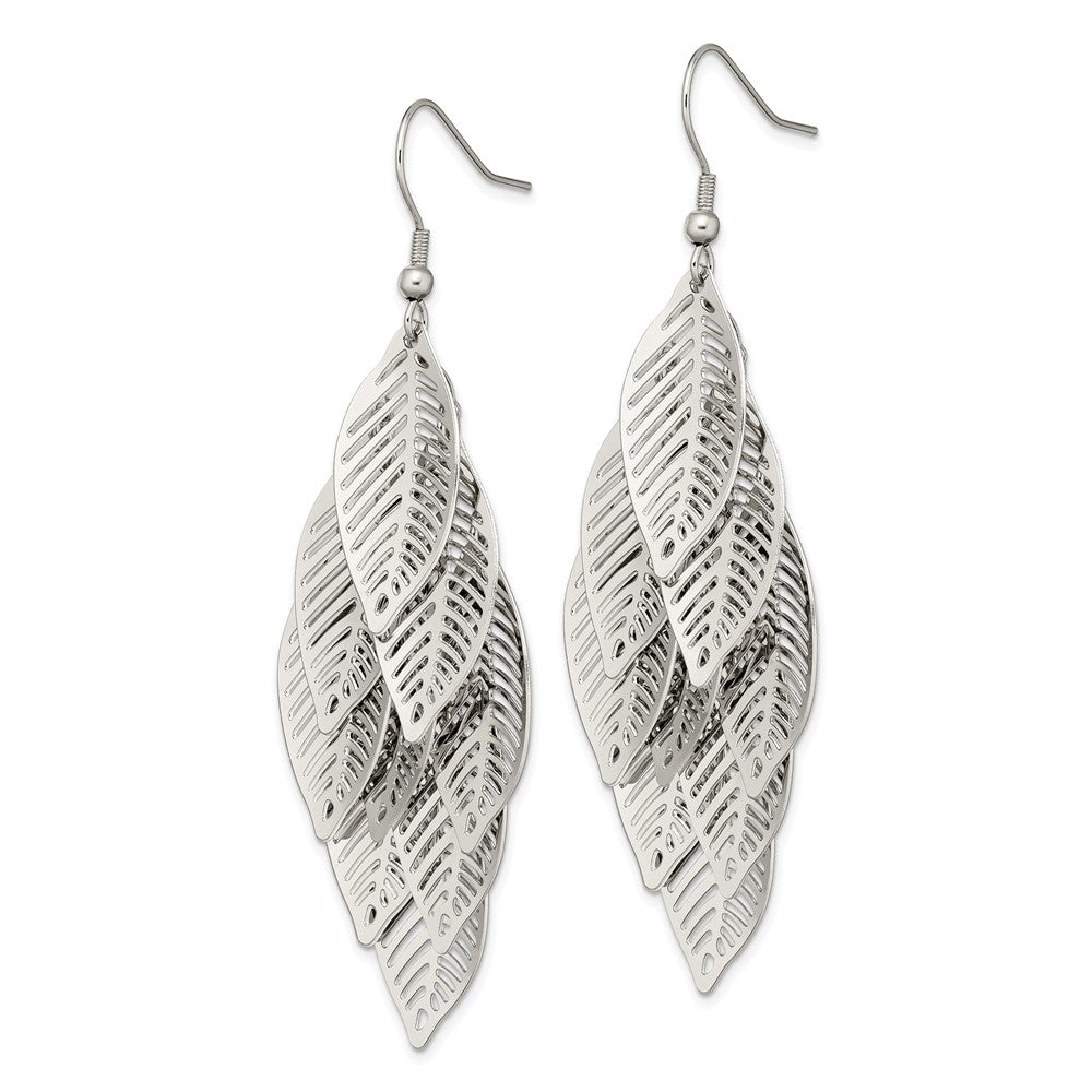 Chisel stainless Steel Polished Leaves Dangle Shepherd Hook Earrings in Stainless Steel