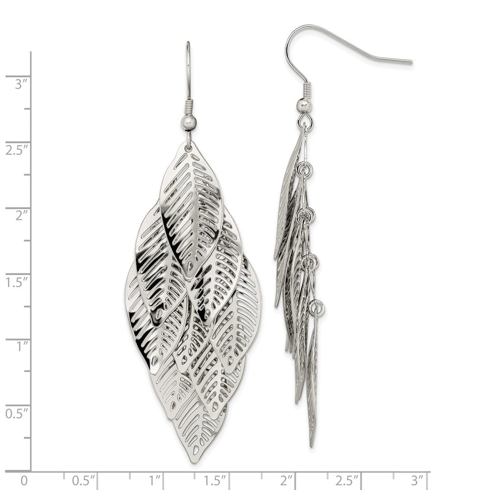 Chisel stainless Steel Polished Leaves Dangle Shepherd Hook Earrings in Stainless Steel