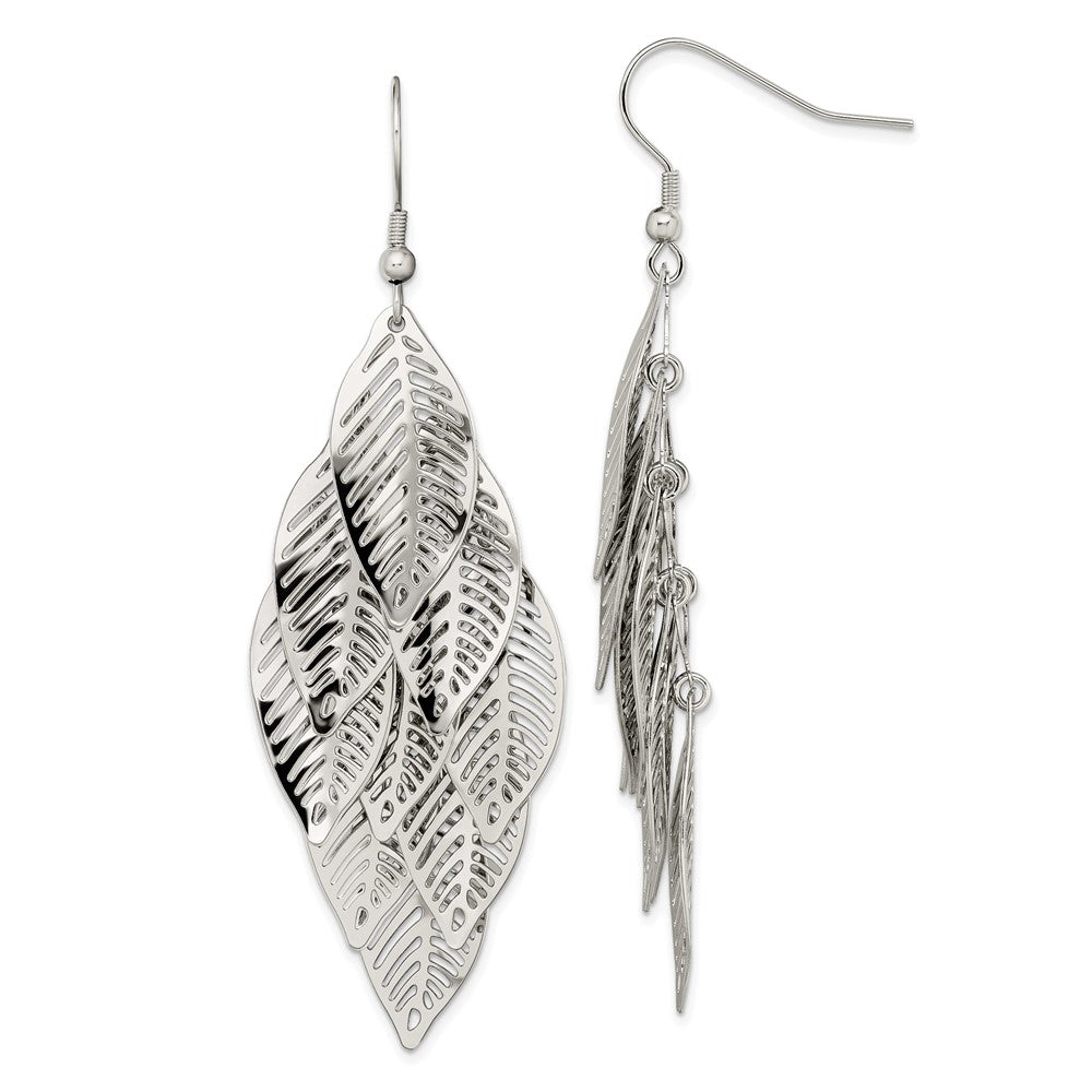 Chisel stainless Steel Polished Leaves Dangle Shepherd Hook Earrings in Stainless Steel