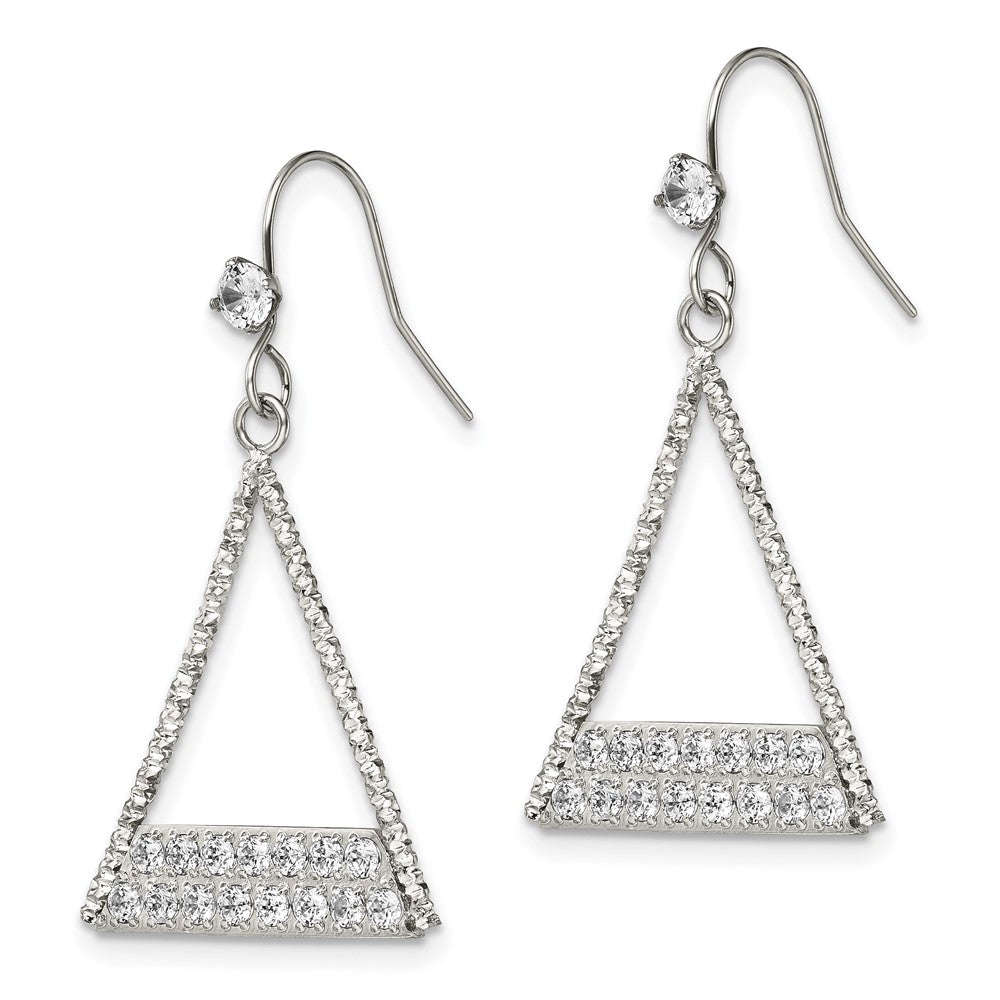 Polished w/ CZ Triangle Dangle Shepherd Hook Earrings in Stainless Steel