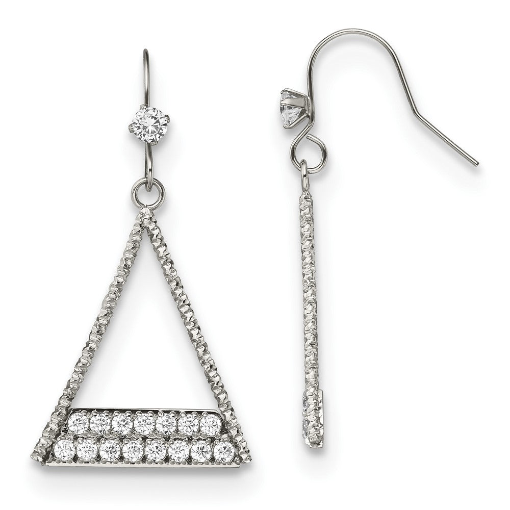 Polished w/ CZ Triangle Dangle Shepherd Hook Earrings in Stainless Steel