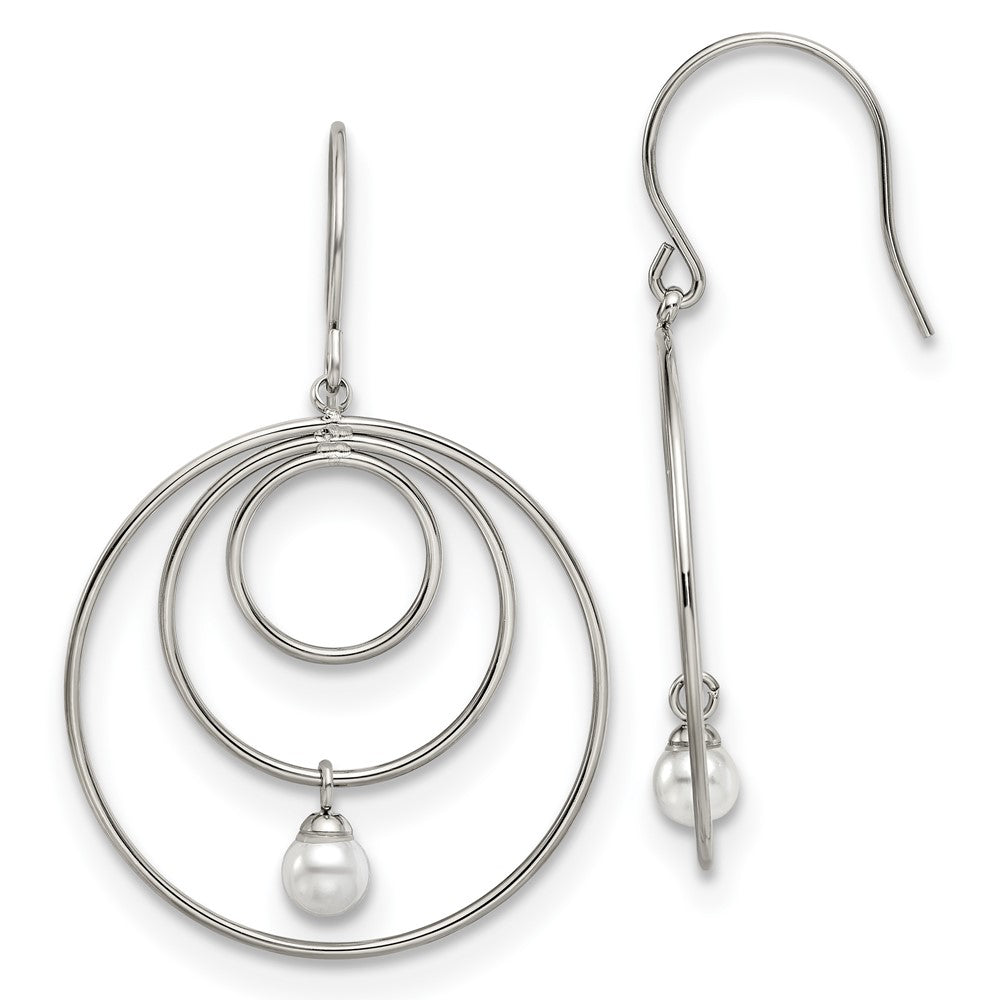 Chisel Stainless Steel Polished with Simulated Pearl Dangle Shepherd Hook Earrings