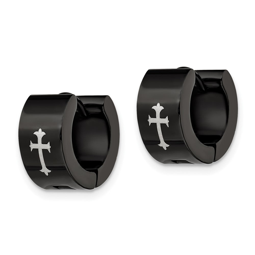 Chisel Stainless Steel Black IP-Plated 7mm Hinged Hoop with Cross Earrings