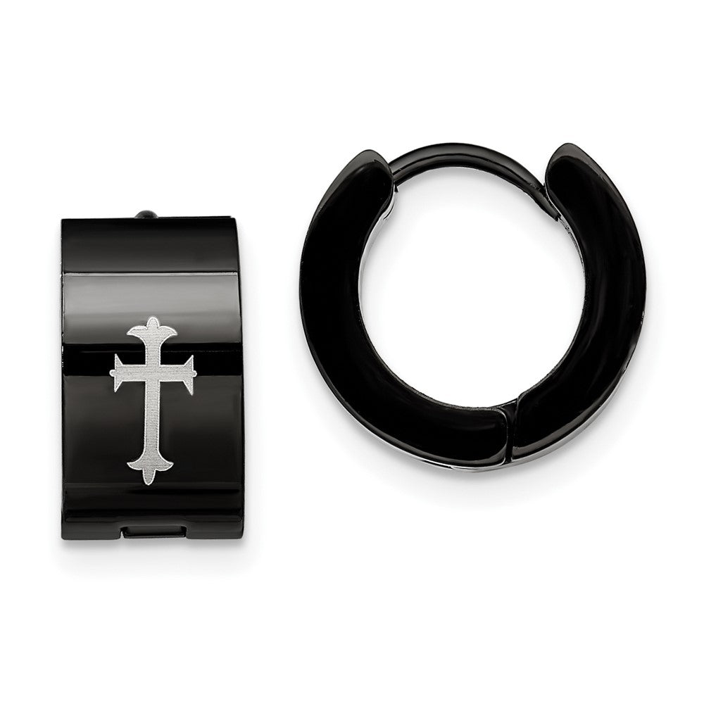 Chisel Stainless Steel Black IP-Plated 7mm Hinged Hoop with Cross Earrings