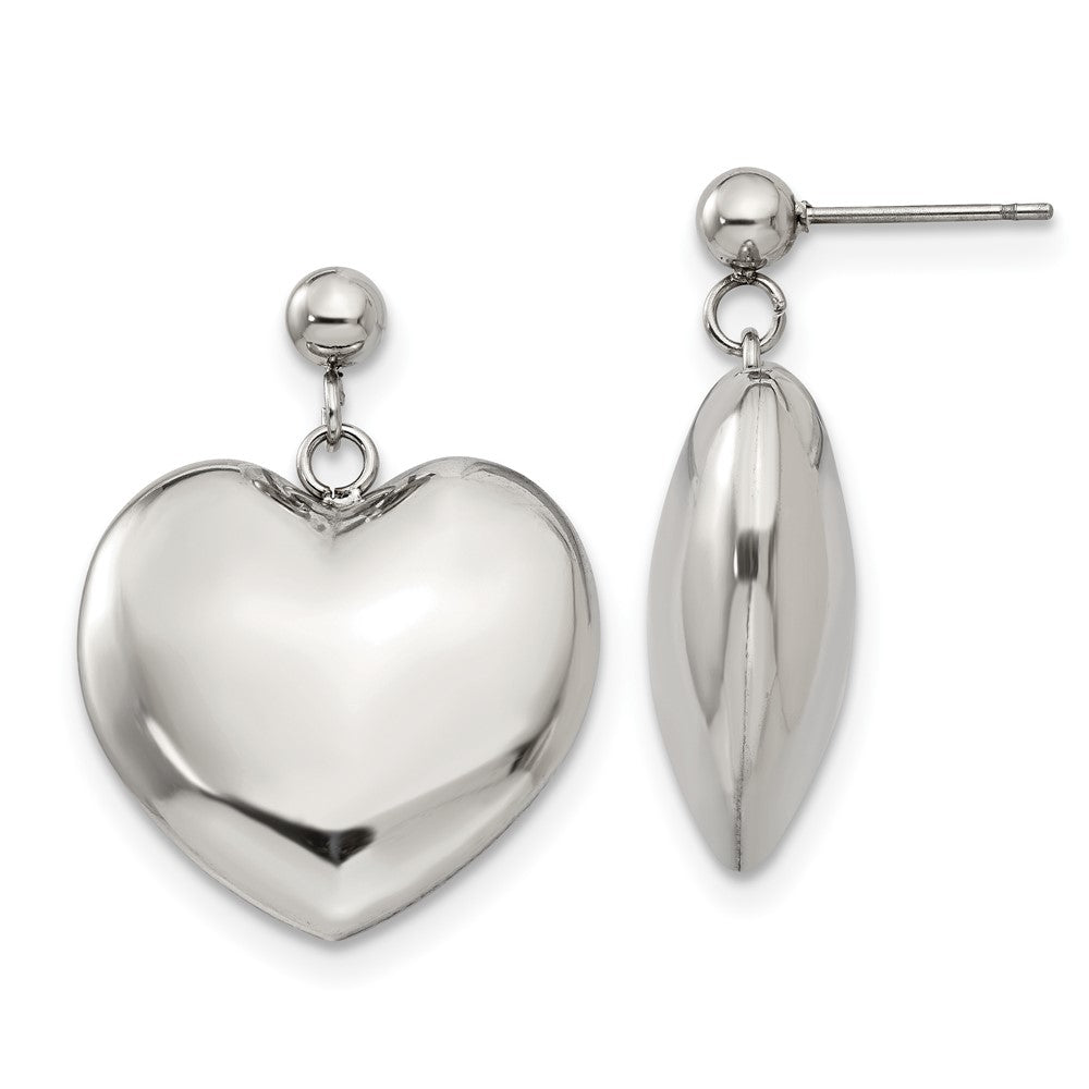 Polished Puff Heart Post Dangle Earrings in Stainless Steel