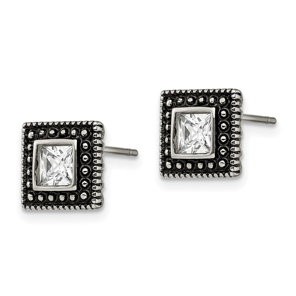 Chisel Stainless Steel Antiqued & Polished CZ Square Post Earrings