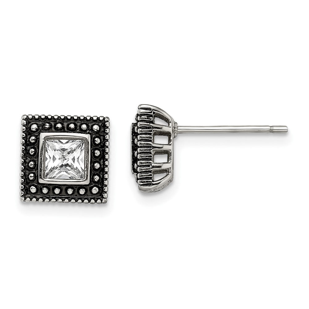 Chisel Stainless Steel Antiqued & Polished CZ Square Post Earrings