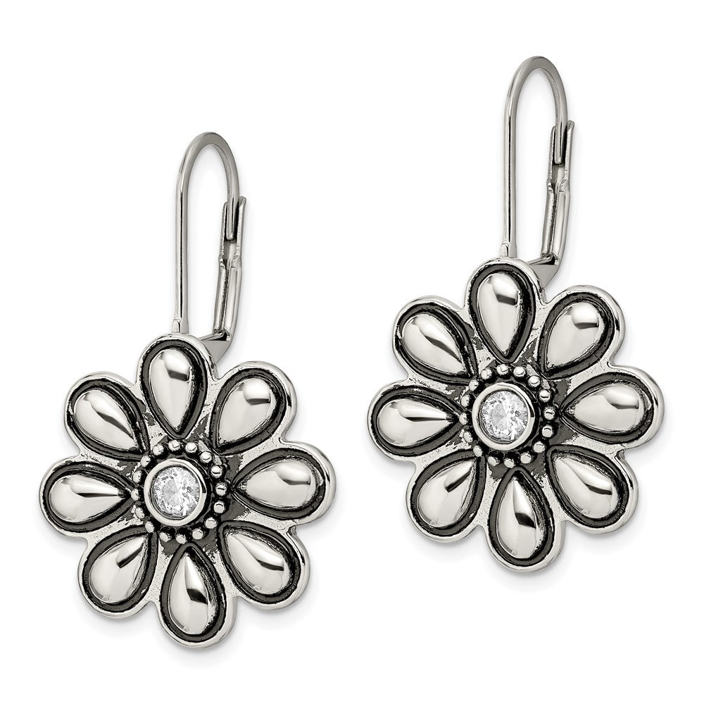 Antiqued & Polished CZ Flower Leverback Earrings in Stainless Steel