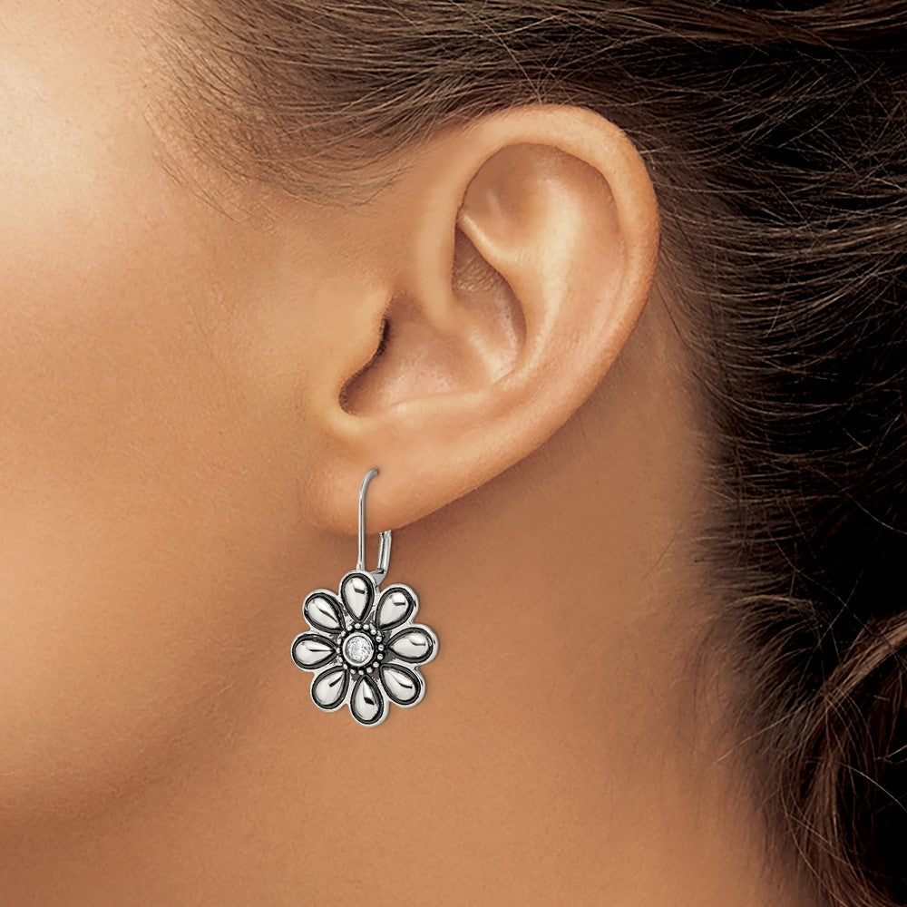 Antiqued & Polished CZ Flower Leverback Earrings in Stainless Steel