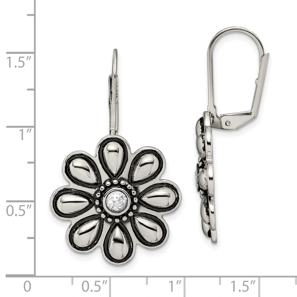 Antiqued & Polished CZ Flower Leverback Earrings in Stainless Steel