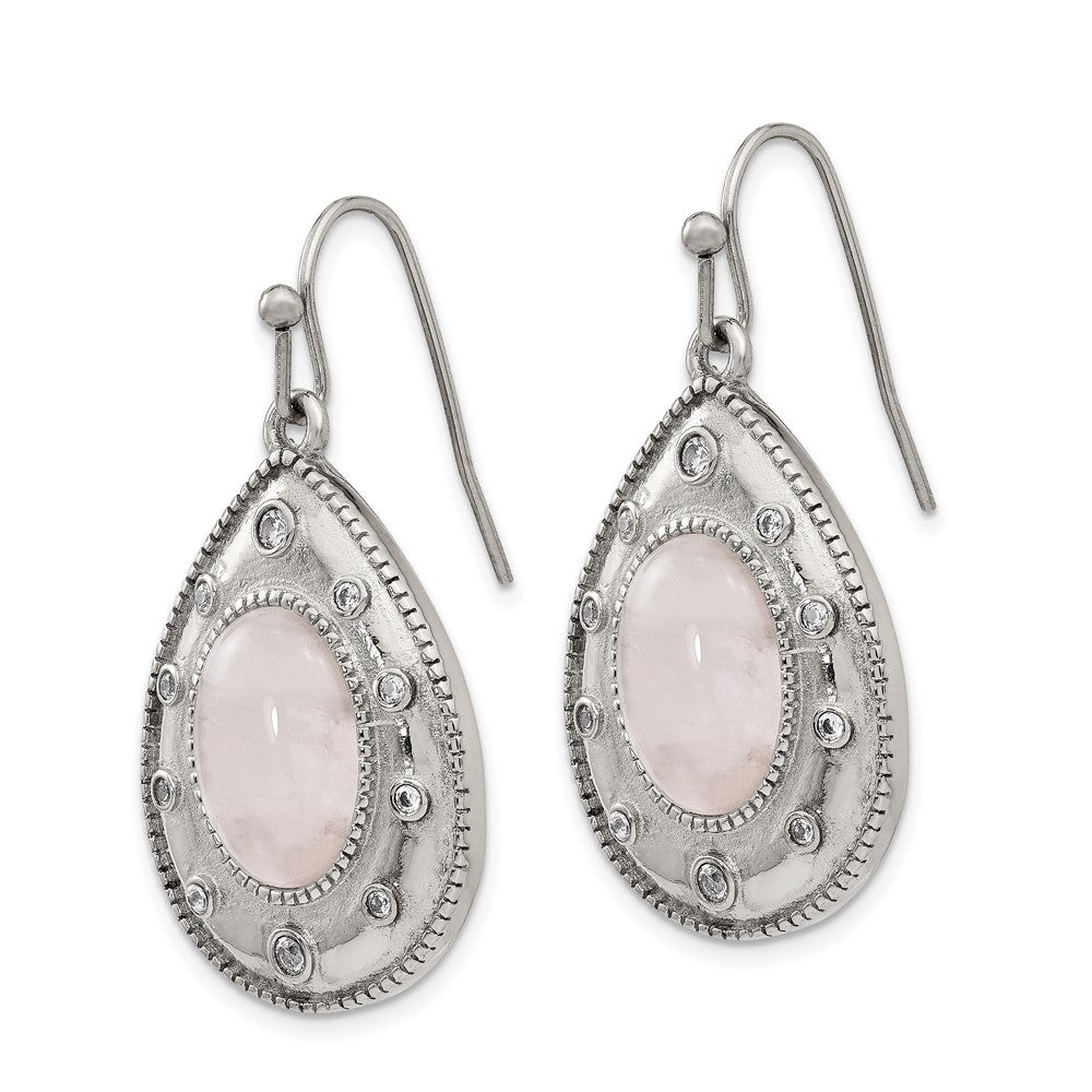 Polished Rose Quartz & CZ Shepherd Hook Earrings in Stainless Steel