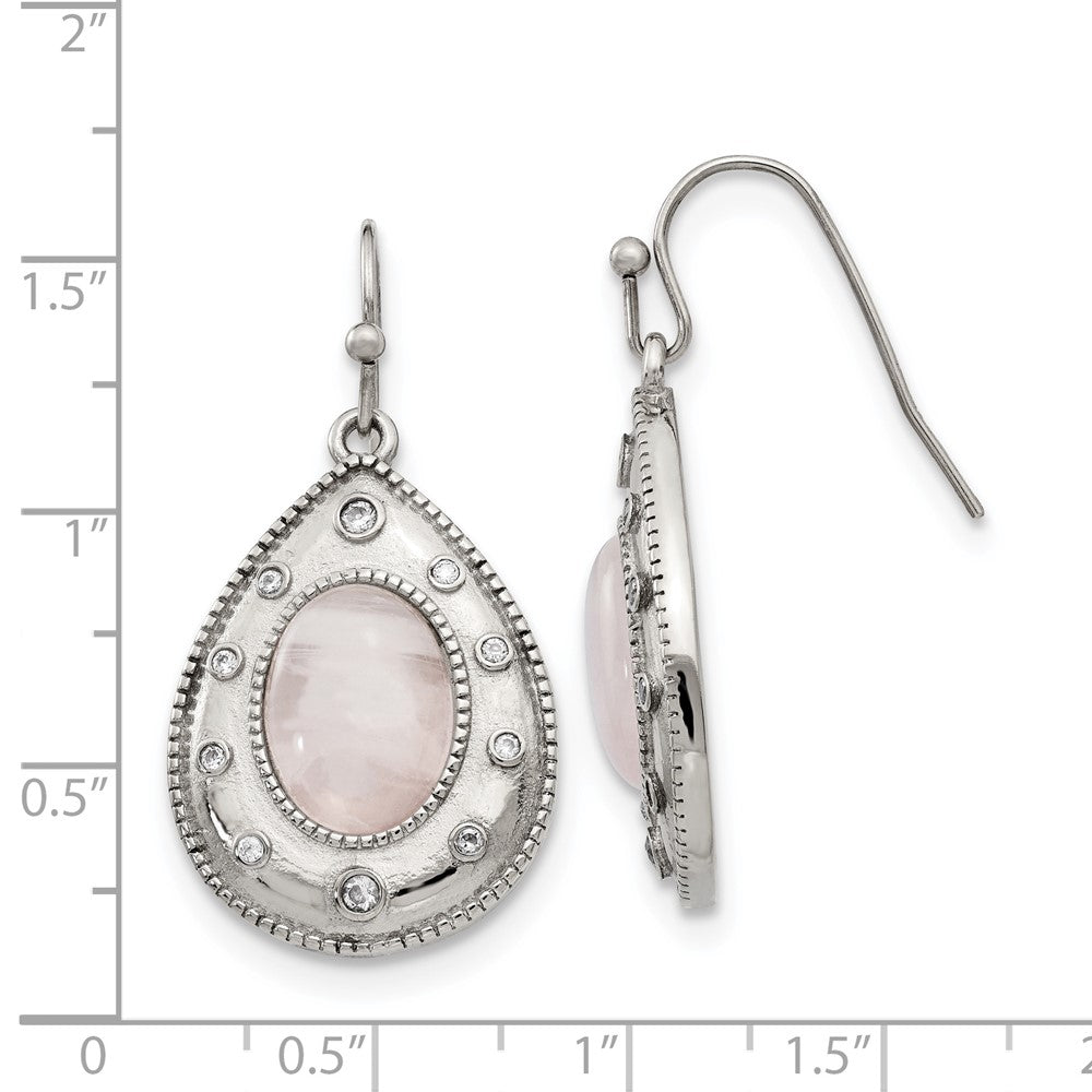 Polished Rose Quartz & CZ Shepherd Hook Earrings in Stainless Steel