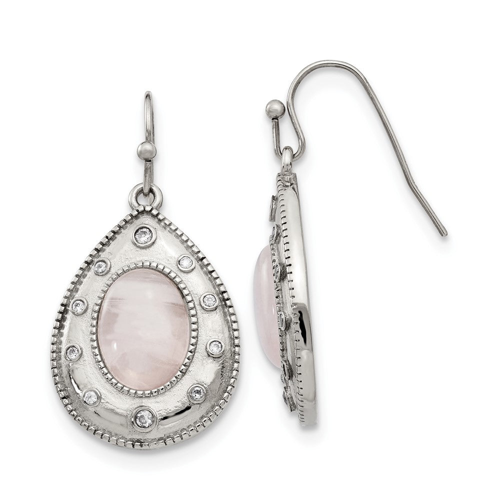 Polished Rose Quartz & CZ Shepherd Hook Earrings in Stainless Steel