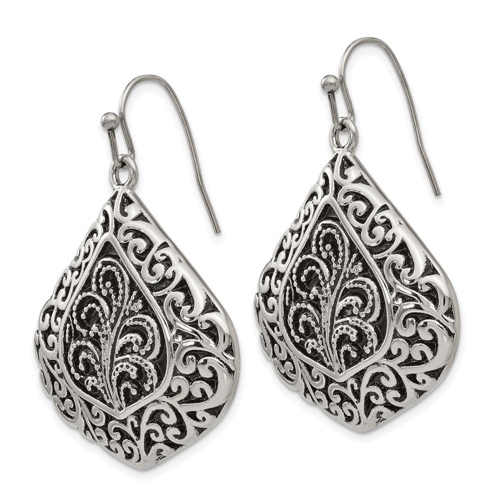 Chisel Stainless Steel Antiqued Polished & Textured Shepherd Hook Earrings