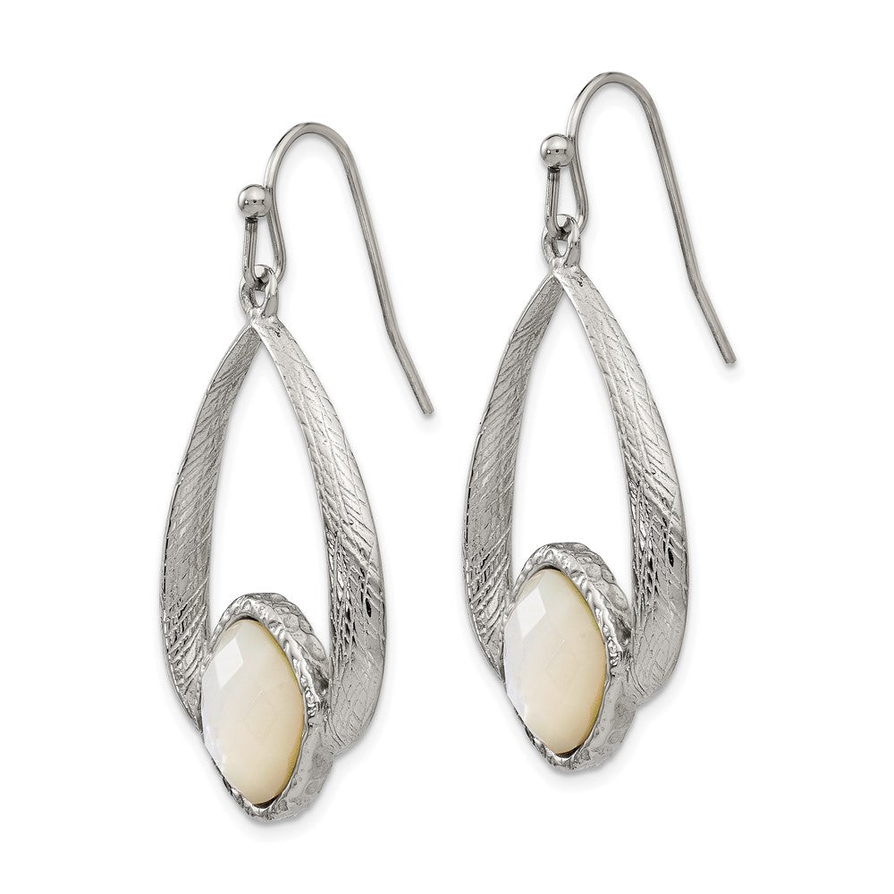 Chisel Stainless Steel Polished & Textured Mother of Pearl Dangle Shepherd Hook Earrings