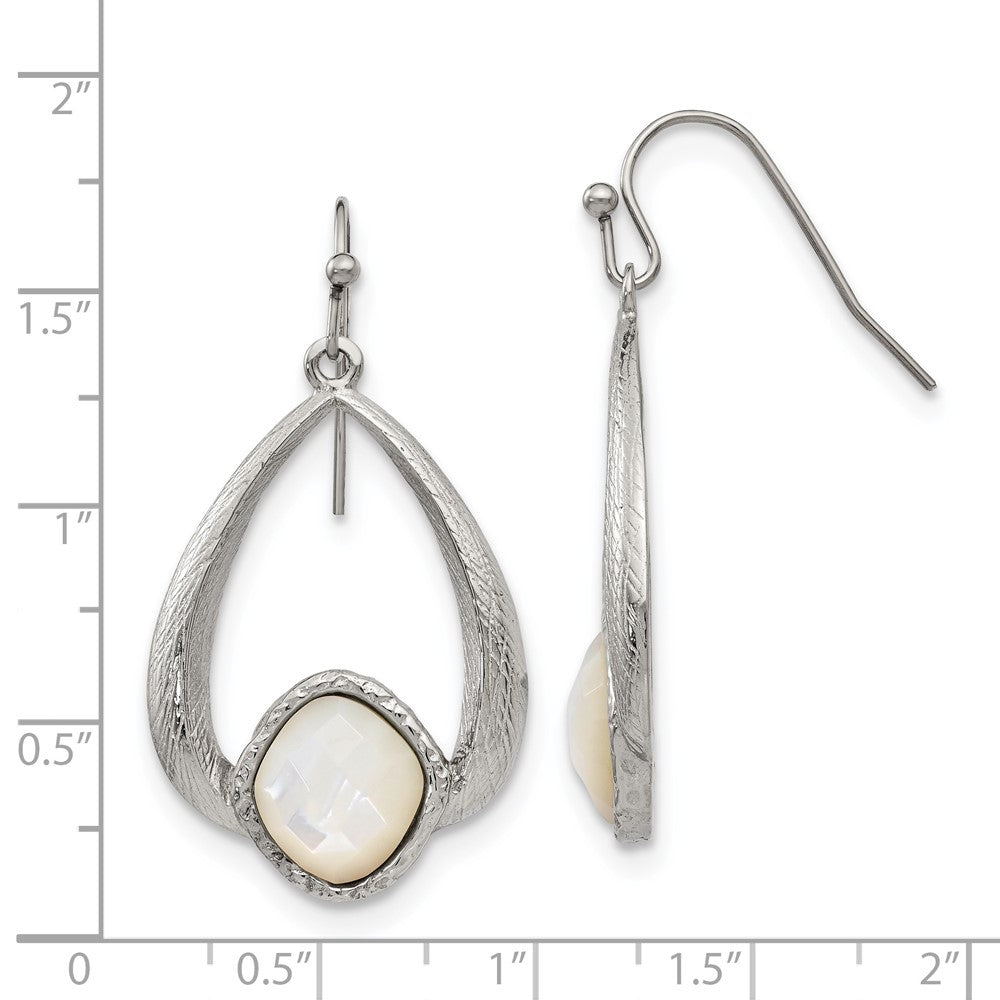 Chisel Stainless Steel Polished & Textured Mother of Pearl Dangle Shepherd Hook Earrings