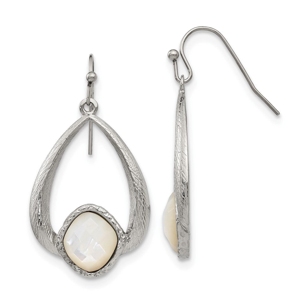 Chisel Stainless Steel Polished & Textured Mother of Pearl Dangle Shepherd Hook Earrings