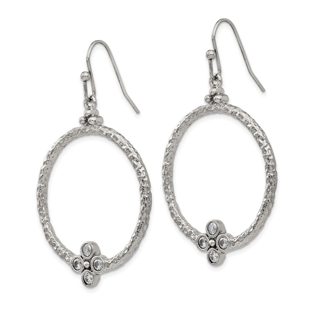 Polished & Textured w/ CZ Shepherd Hook Earrings in Stainless Steel