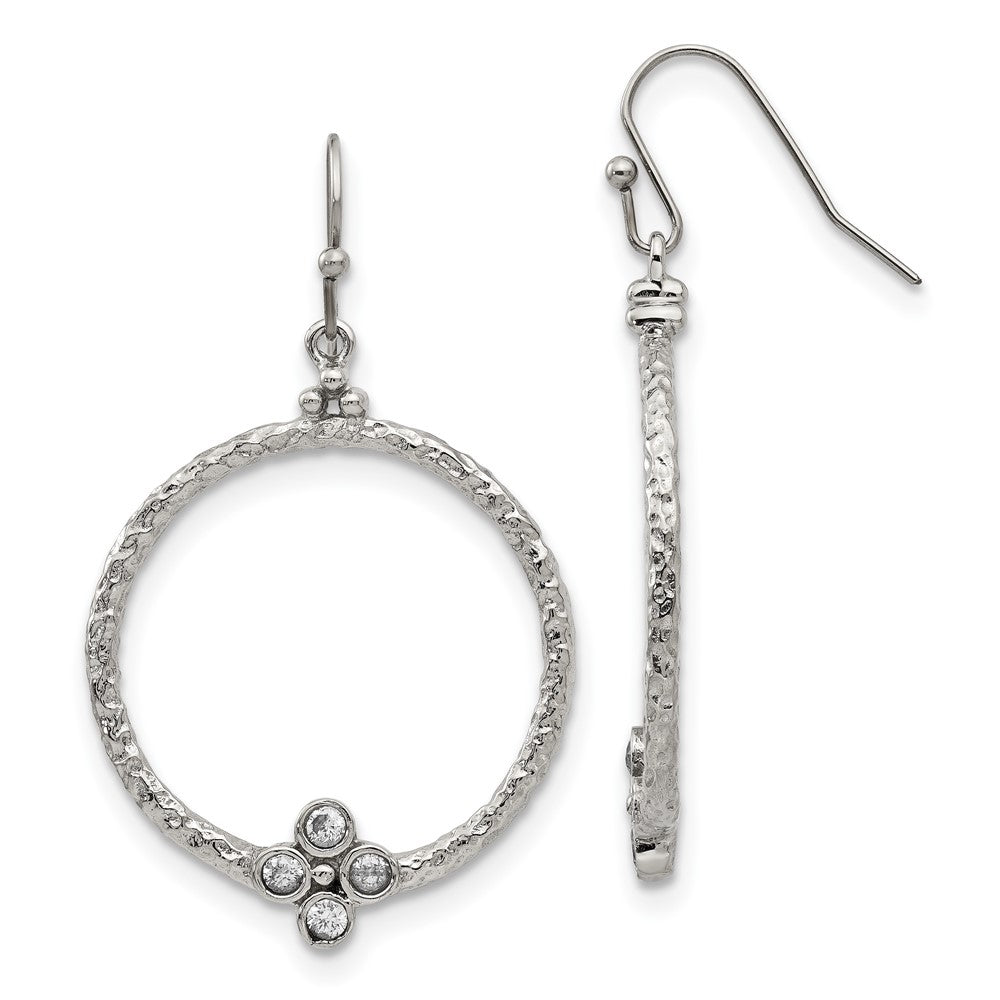 Polished & Textured w/ CZ Shepherd Hook Earrings in Stainless Steel