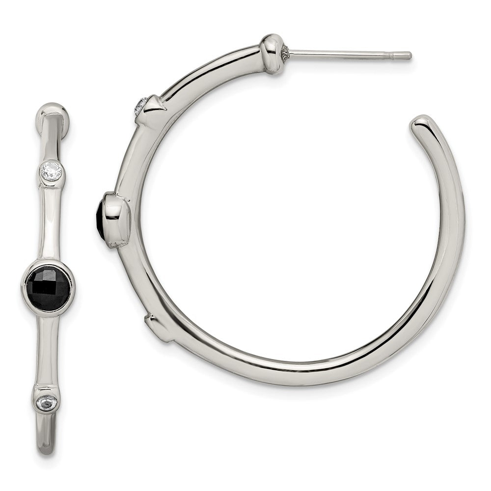 Chisel Stainless Steel Polished with Black Onyx & CZ Post Hoop Earrings