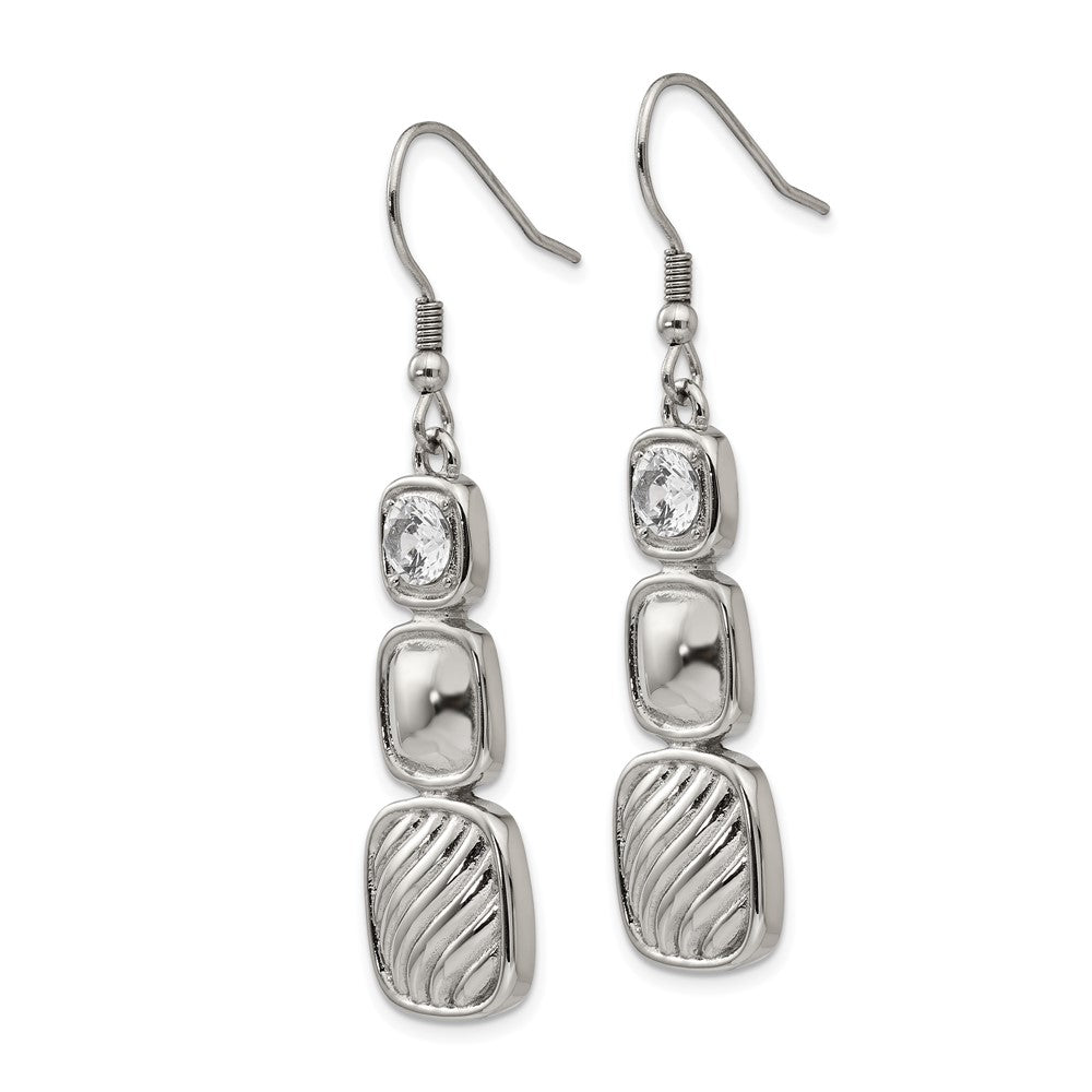 Polished CZ Square Shepherd Hook Earrings in Stainless Steel