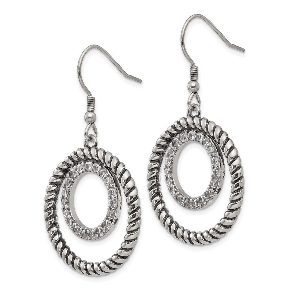 Antiqued & Polished w/ CZ Circle Dangle Earrings in Stainless Steel