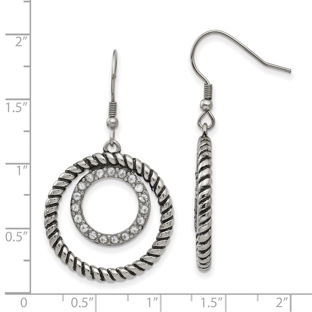 Antiqued & Polished w/ CZ Circle Dangle Earrings in Stainless Steel