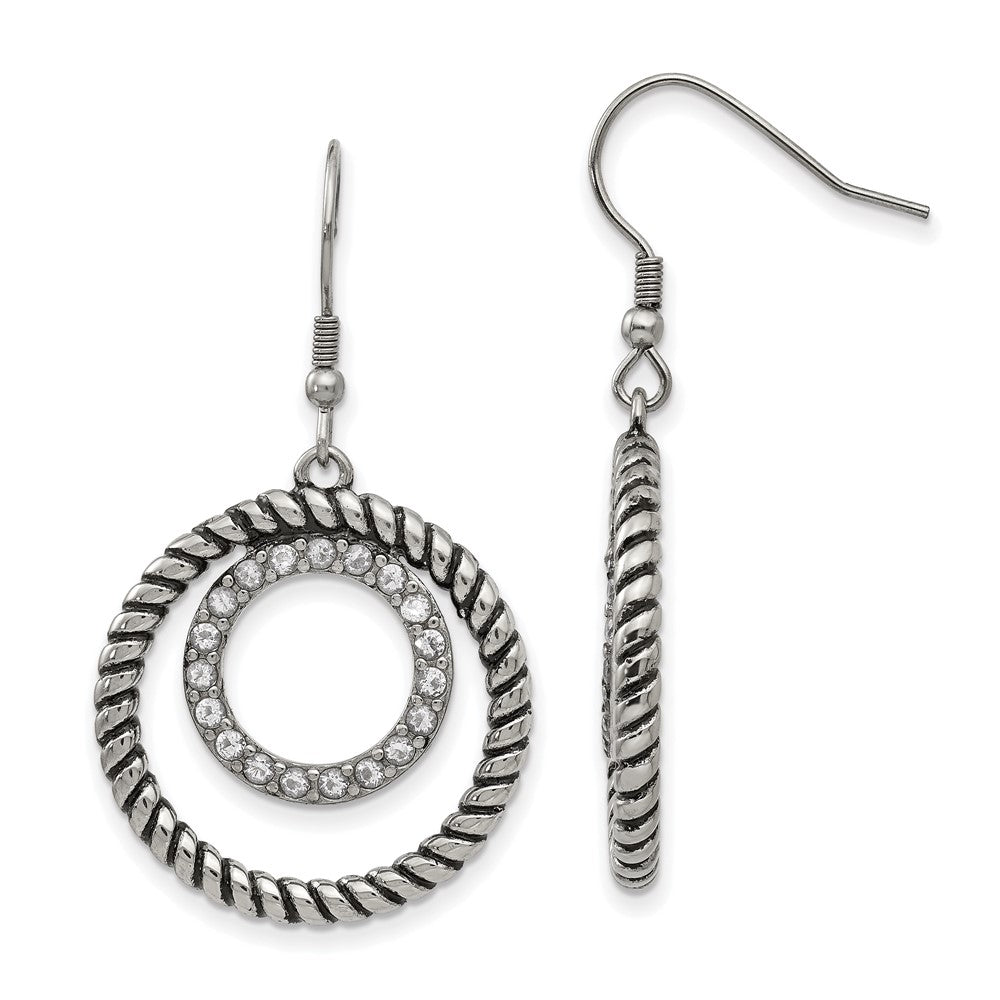 Antiqued & Polished w/ CZ Circle Dangle Earrings in Stainless Steel