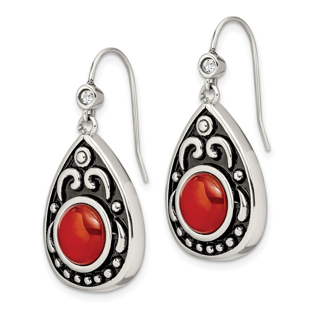 Antiqued & Polished Red Agate & CZ Dangle Earrings in Stainless Steel