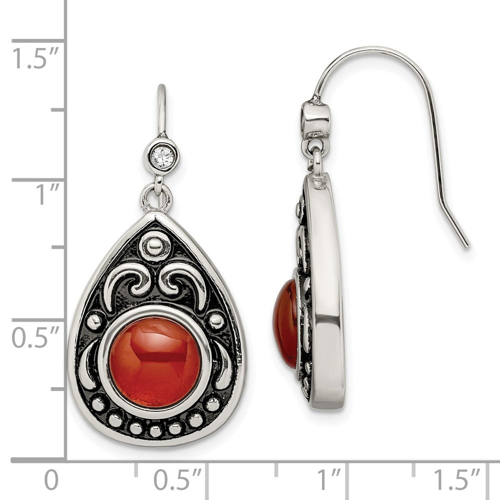 Antiqued & Polished Red Agate & CZ Dangle Earrings in Stainless Steel