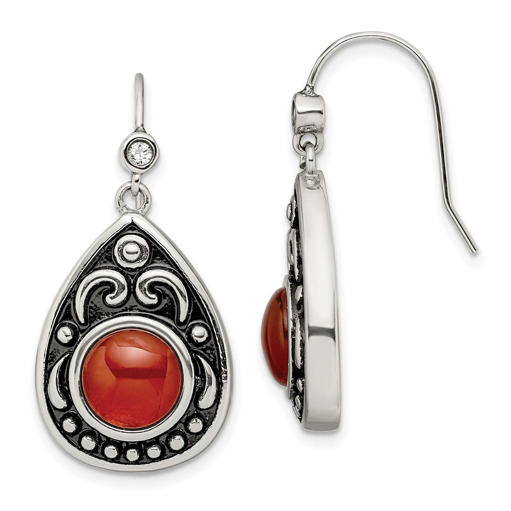 Antiqued & Polished Red Agate & CZ Dangle Earrings in Stainless Steel