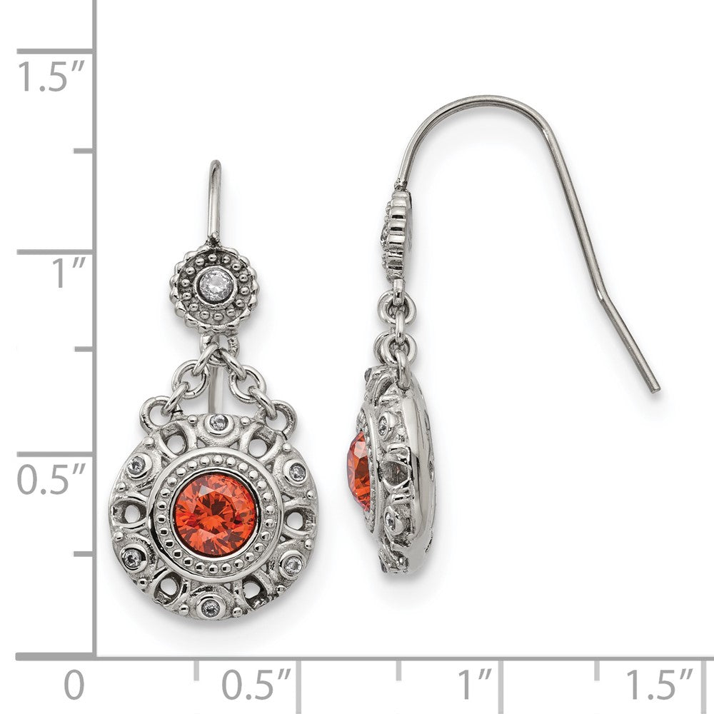 Chisel Stainless Steel Polished Red & Clear CZ Circle Dangle Shepherd Hook Earrings