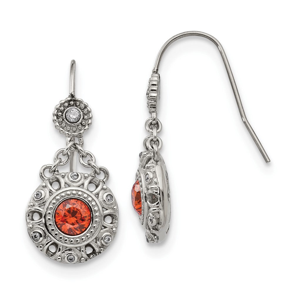 Chisel Stainless Steel Polished Red & Clear CZ Circle Dangle Shepherd Hook Earrings