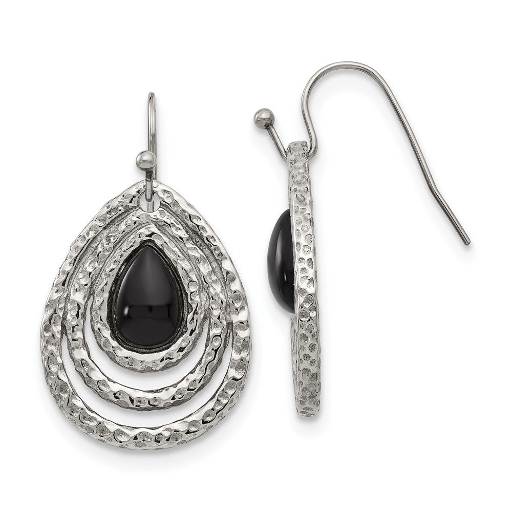 Chisel Stainless Steel Polished & Textured Black Onyx Shepherd Hook Earrings