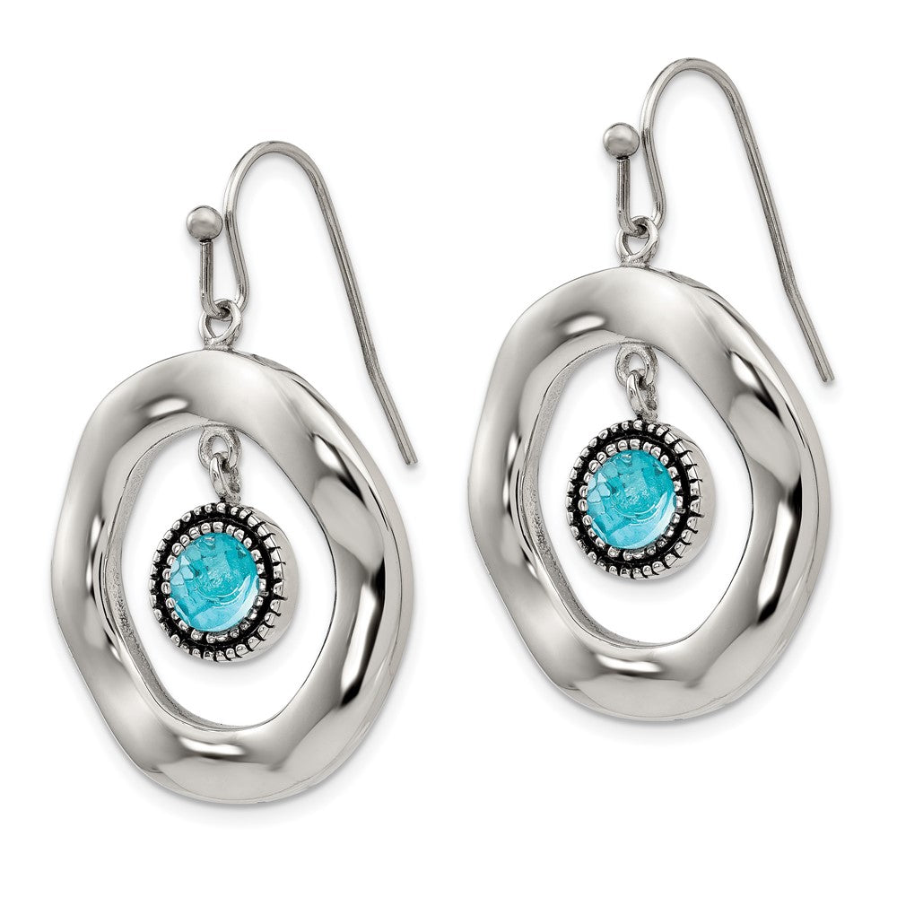 Polished Wavy Circle w/ Blue Glass Shepherd Hook Earrings in Stainless Steel