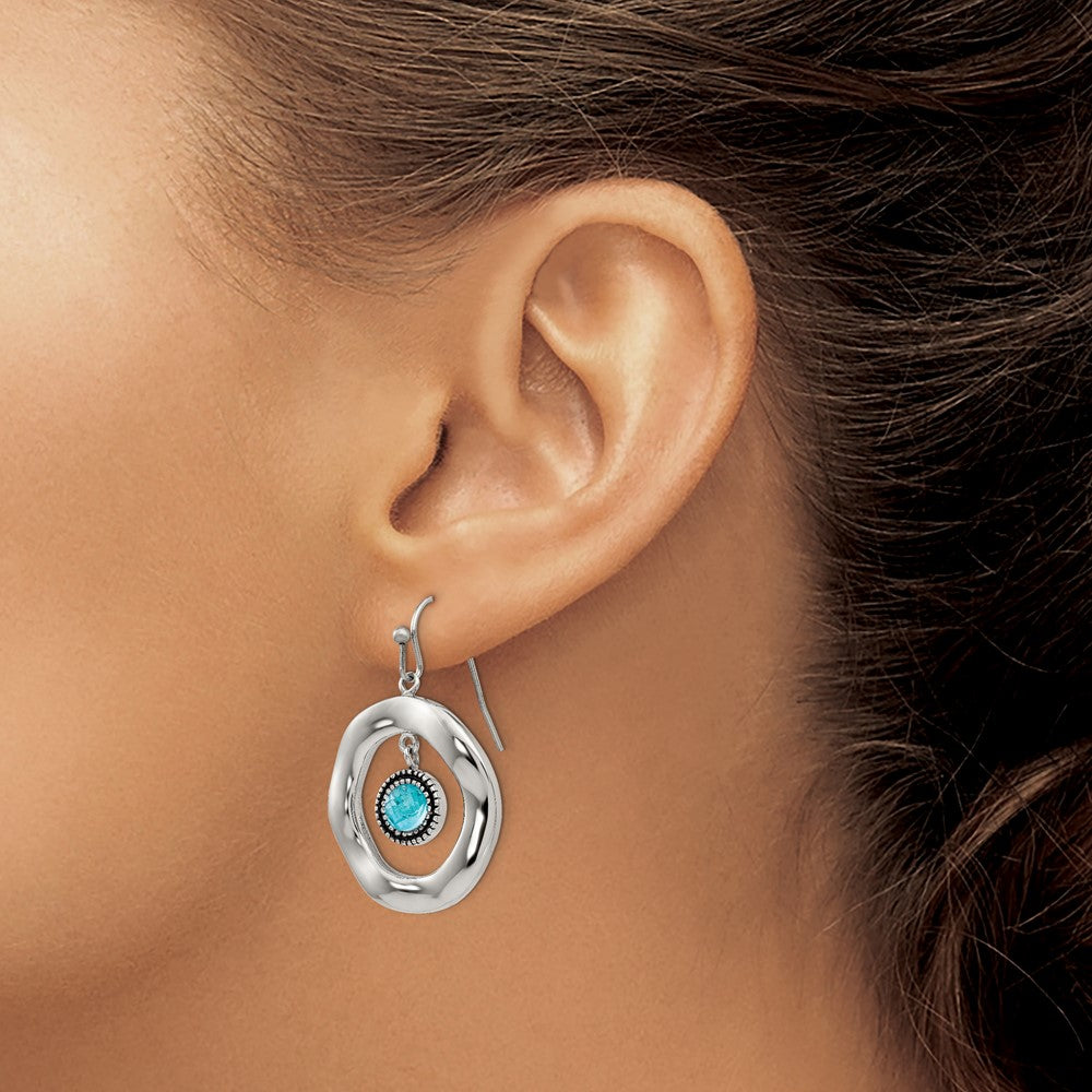 Polished Wavy Circle w/ Blue Glass Shepherd Hook Earrings in Stainless Steel