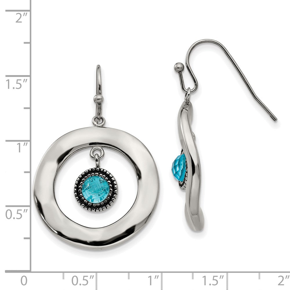 Polished Wavy Circle w/ Blue Glass Shepherd Hook Earrings in Stainless Steel