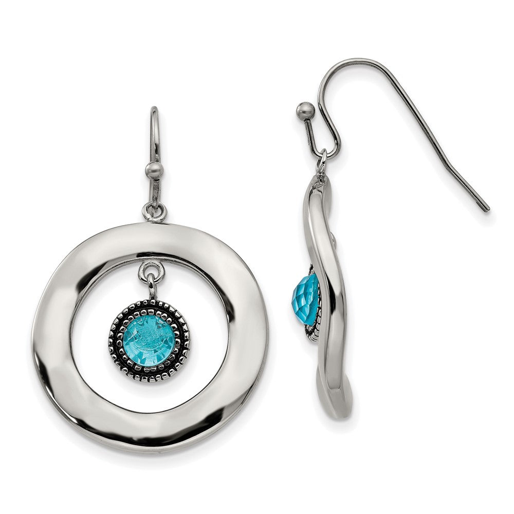 Polished Wavy Circle w/ Blue Glass Shepherd Hook Earrings in Stainless Steel