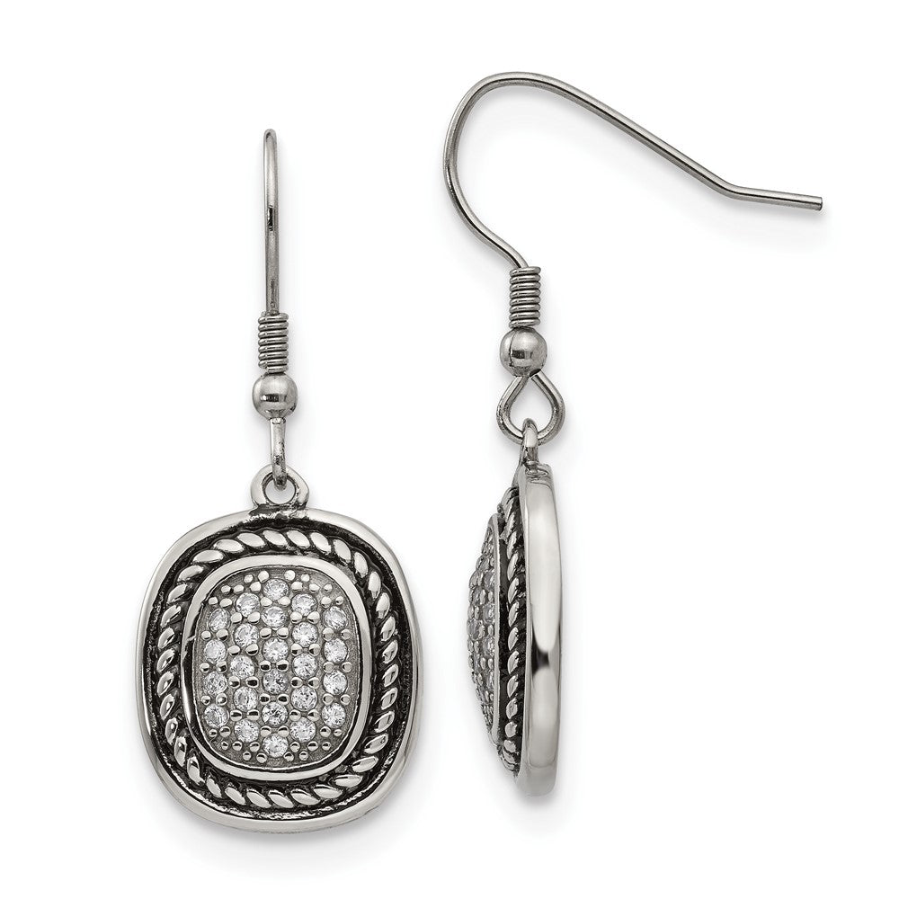 Chisel Stainless Steel Antiqued & Polished with CZ Dangle Shepherd Hook Earrings