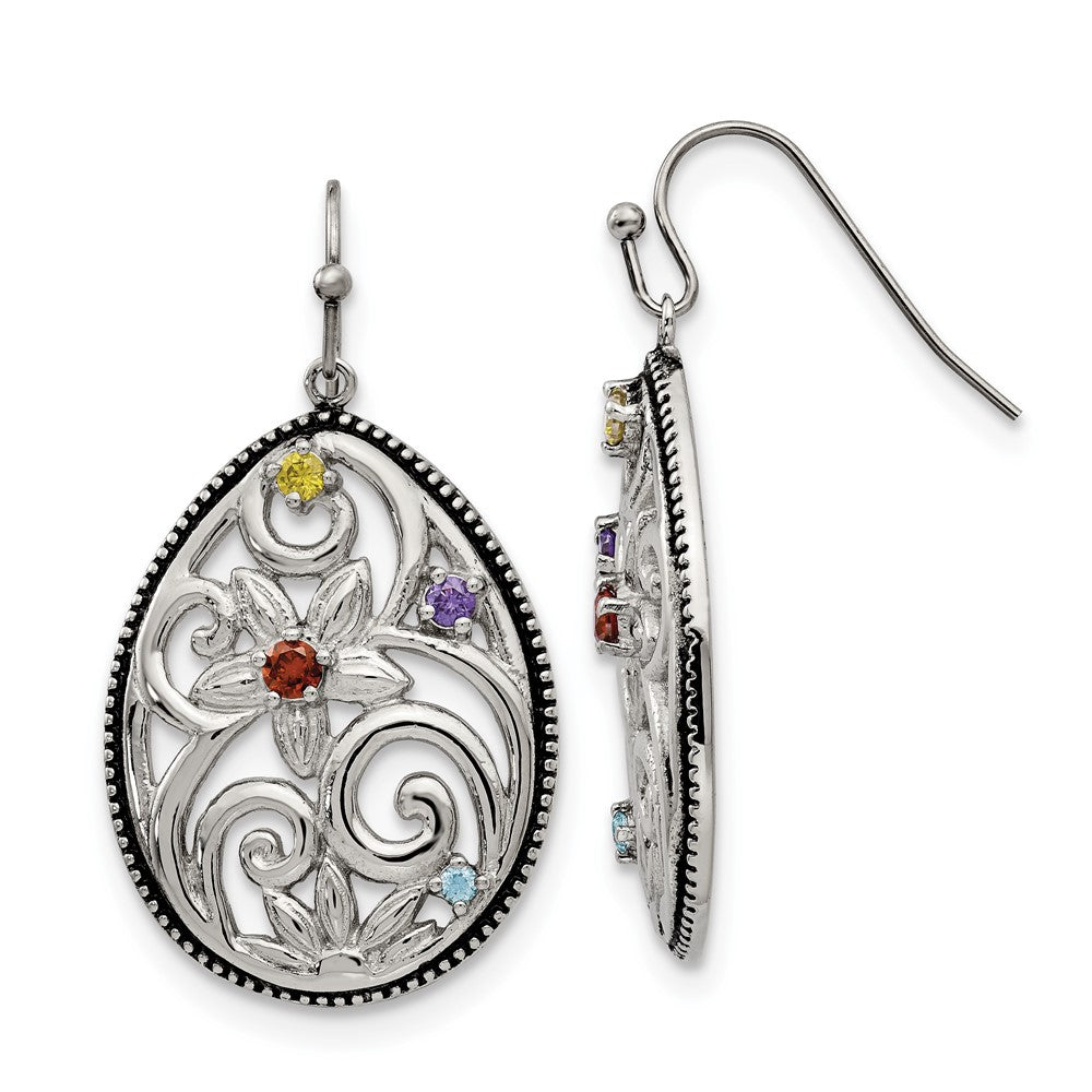 Chisel Stainless Steel Antiqued & Polished with Multicolor CZ Dangle Shepherd Hook Earrings
