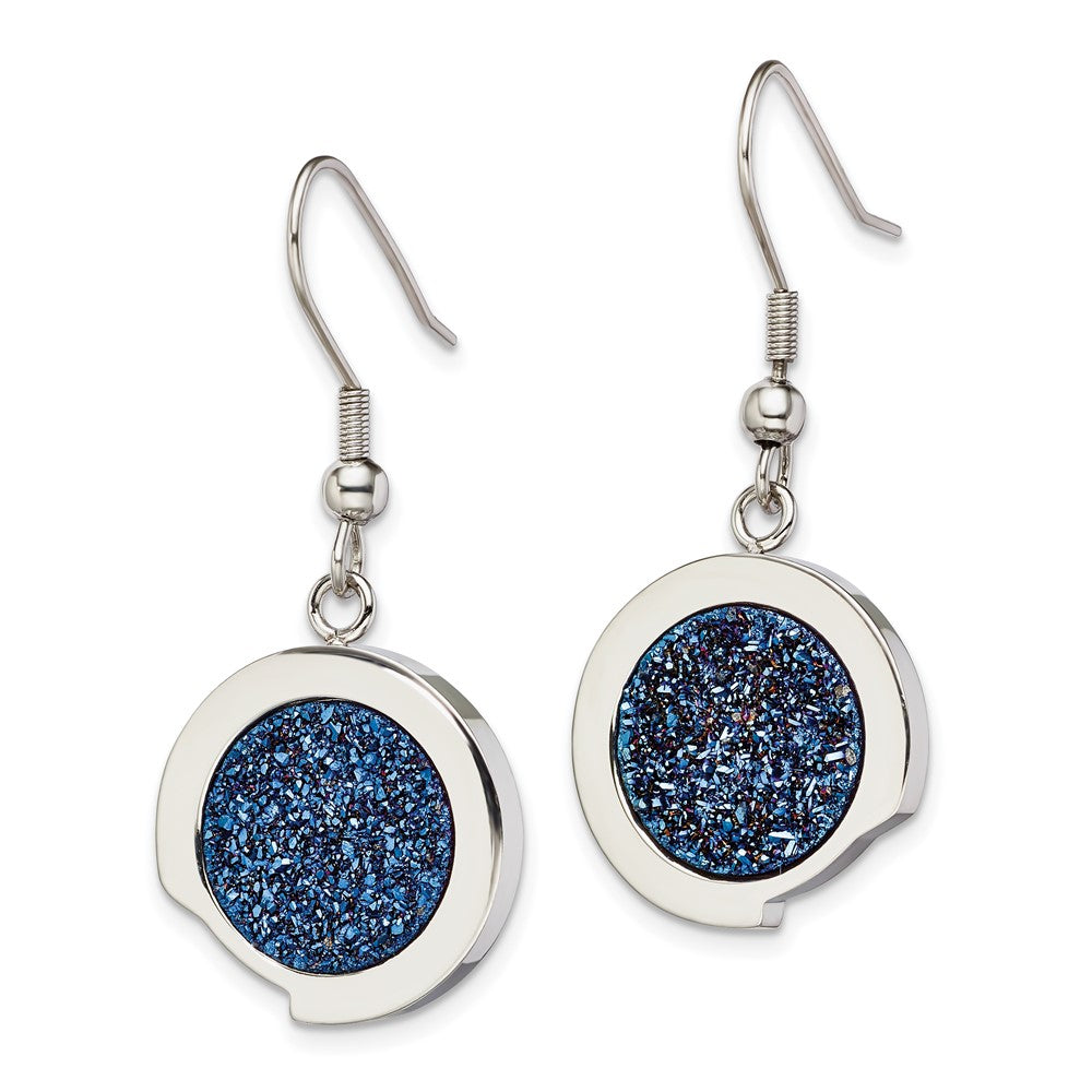 Polished with Blue Druzy Dangle Shepherd Hook Earrings in Stainless Steel