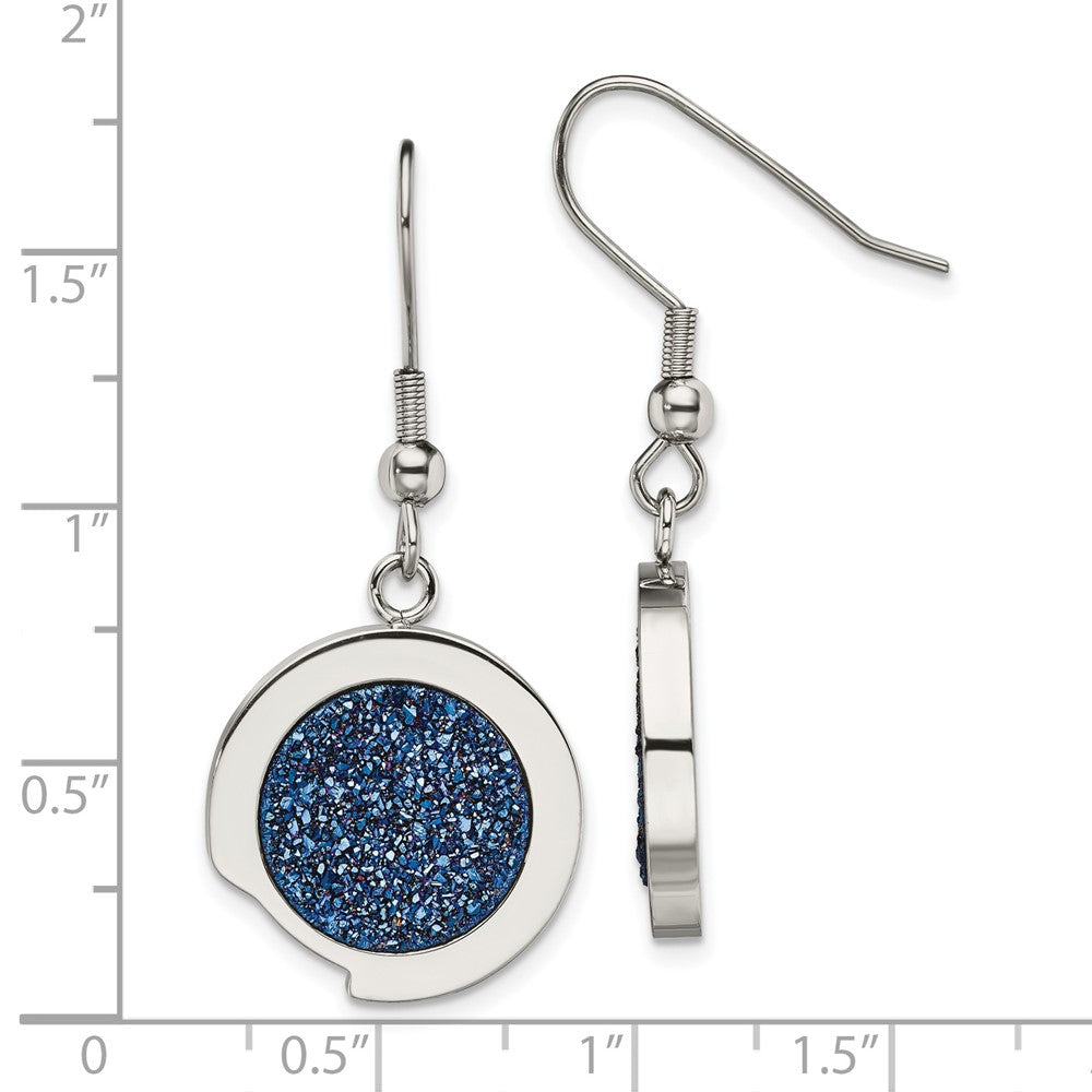 Polished with Blue Druzy Dangle Shepherd Hook Earrings in Stainless Steel