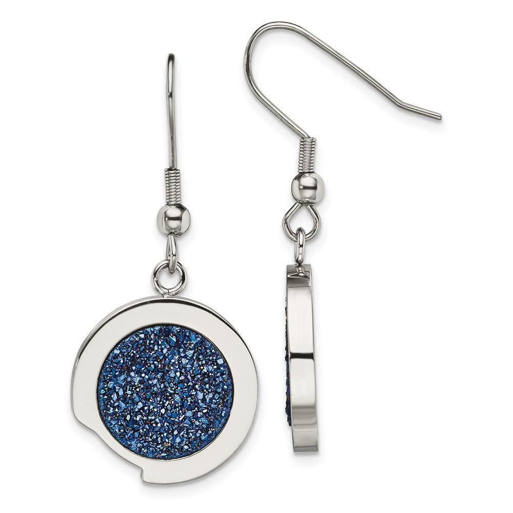 Polished with Blue Druzy Dangle Shepherd Hook Earrings in Stainless Steel