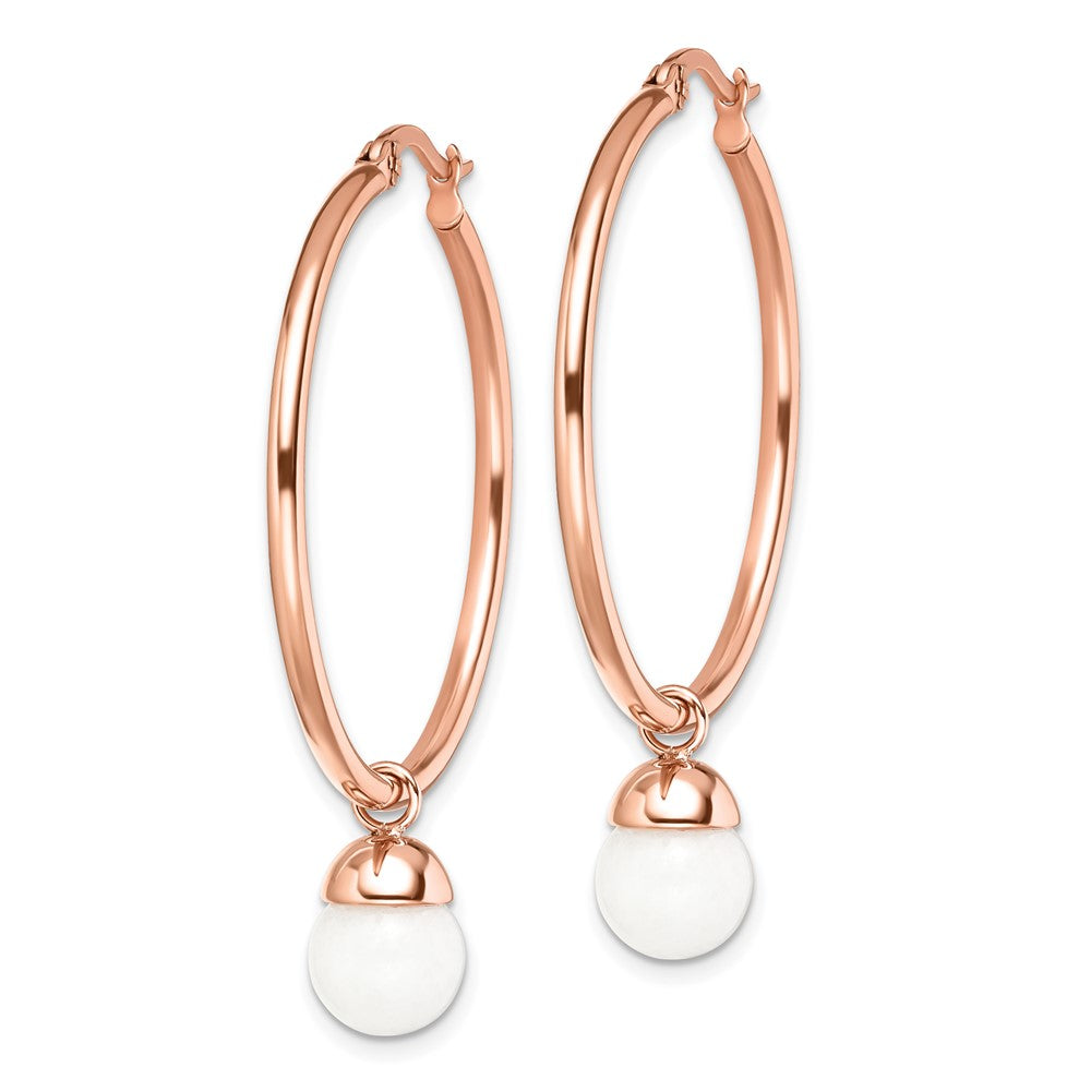 Chisel Stainless Steel Polished Rose IP-Plated with White Jade Dangle Hoop Earrings