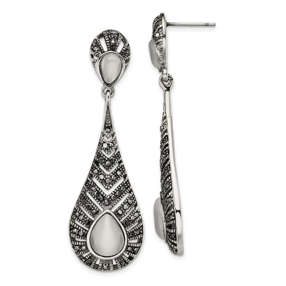Polished Marcasite Cat's Eye Post Dangle Earrings in Stainless Steel