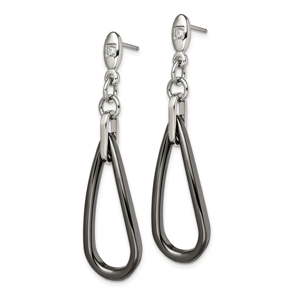 Chisel Stainless Steel Polished with Black Ceramic & CZ Dangle Post Earrings